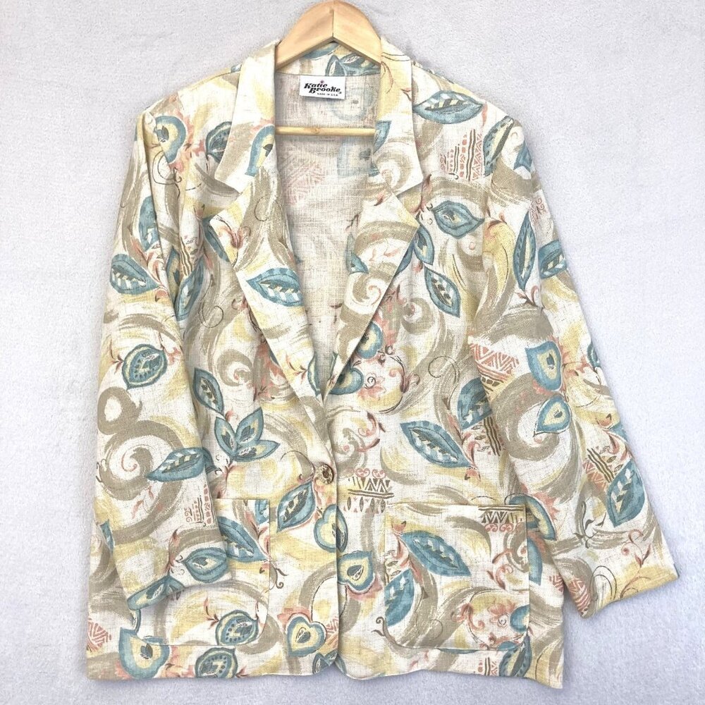 Vintage 90s Katie Brooke Linen Blazer Jacket Womens 16 Artsy Pastel Made USA 90s
